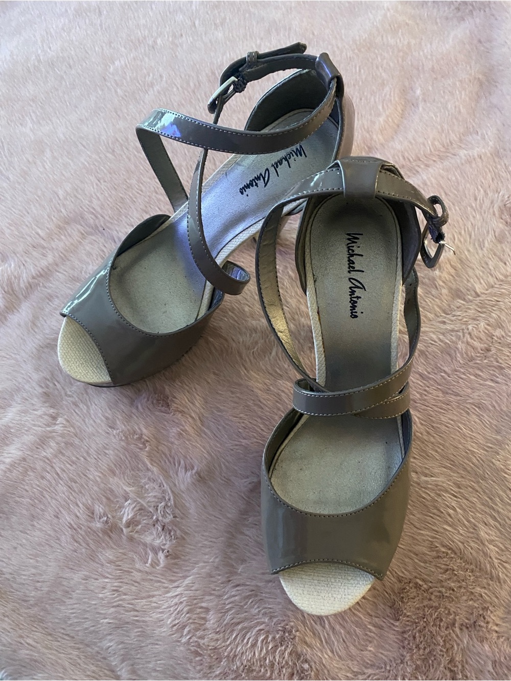 Michael Antonio Taupe Patent Peep-Toe Ankle Strap Heels